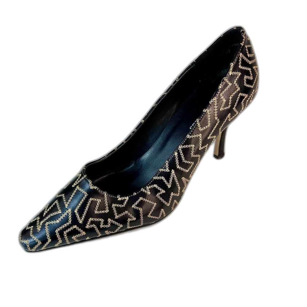 Pierre Dumas Black Faux Leather Tan Abstract Stitching High Heel Pumps Size 8.5